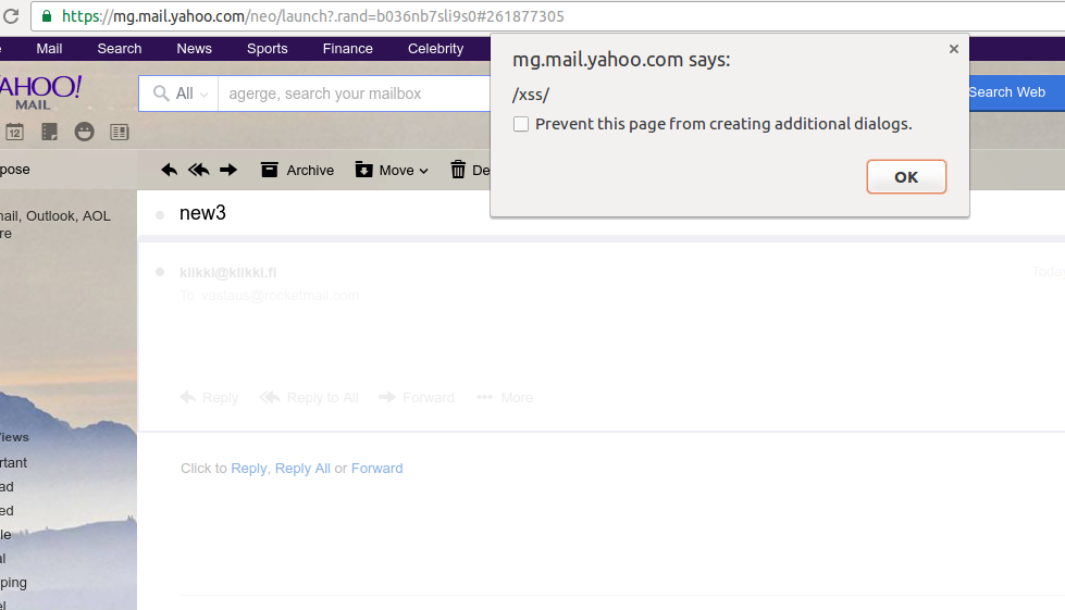 Yahoo! Mail showing a popup generated from a received email